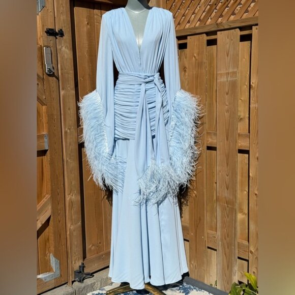 🆕 BRONX & BANCO 🧿 NWOT Geisha Feather-Trim Maxi Dress, Powder Blue - Sz M US 6 - Picture 12 of 16